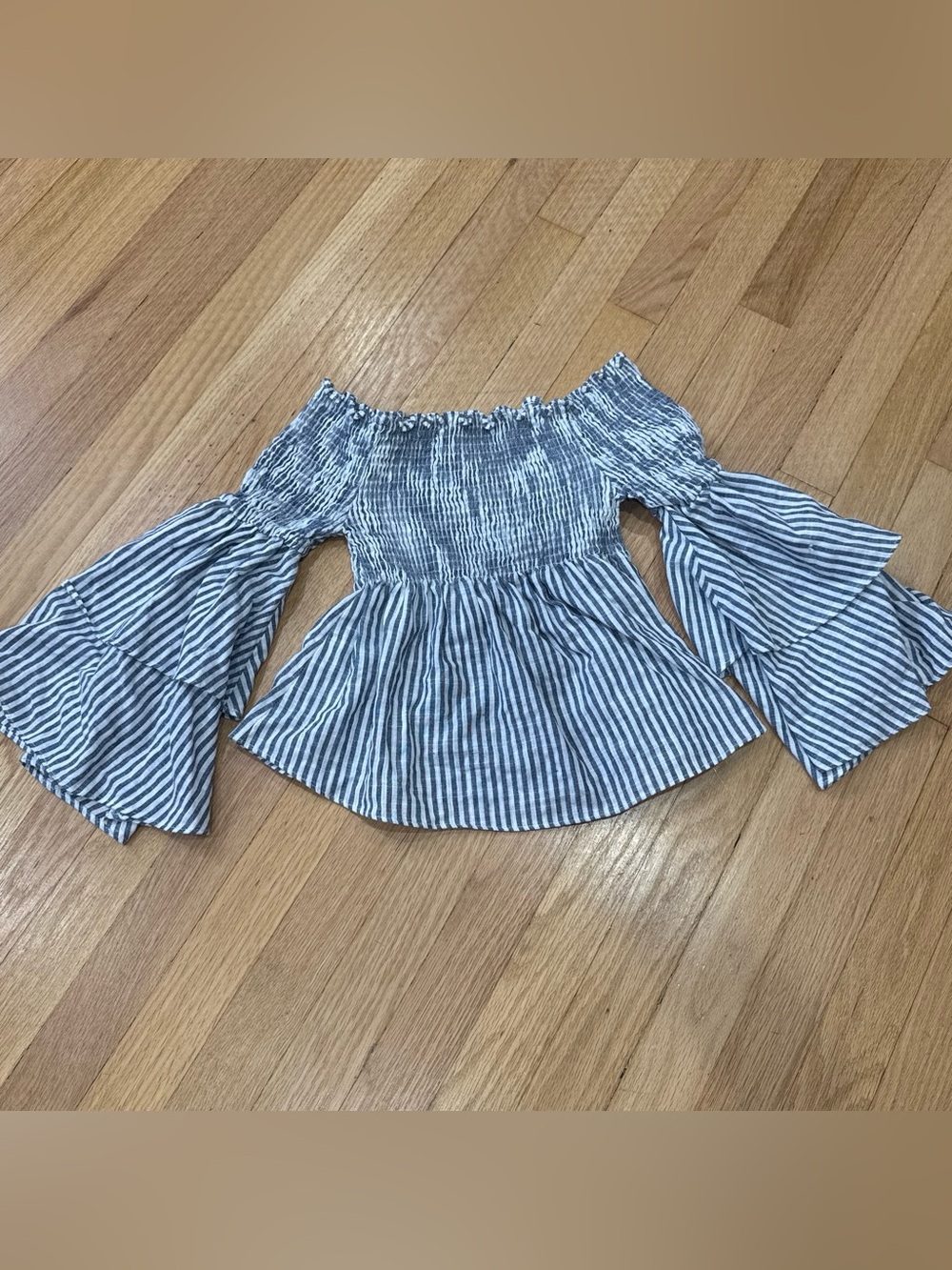 Striped Off-Shoulder Peplum cotton Blouse with Tiered Bell Sleeves